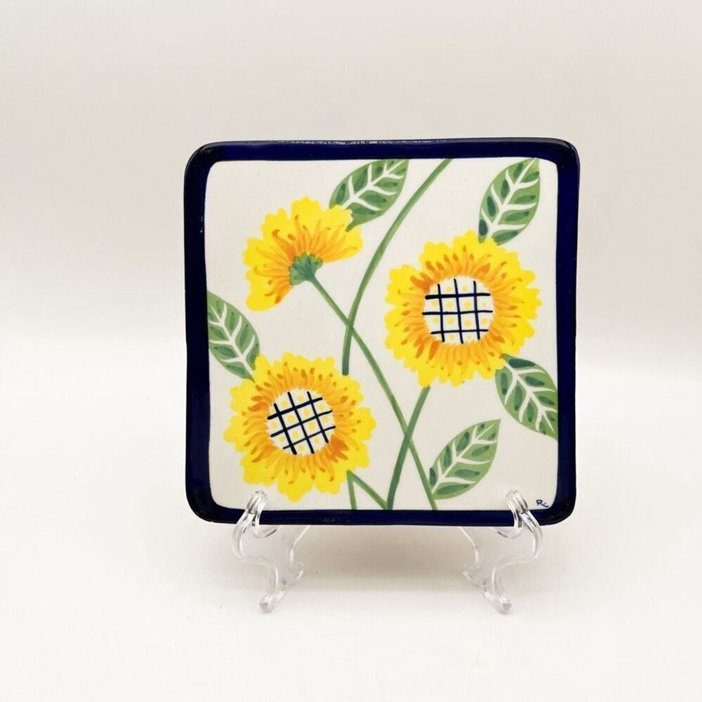 Mexican Pottery Handmade Tile Trivet Handpainted Sunflowers Square 7”‎ Mexico